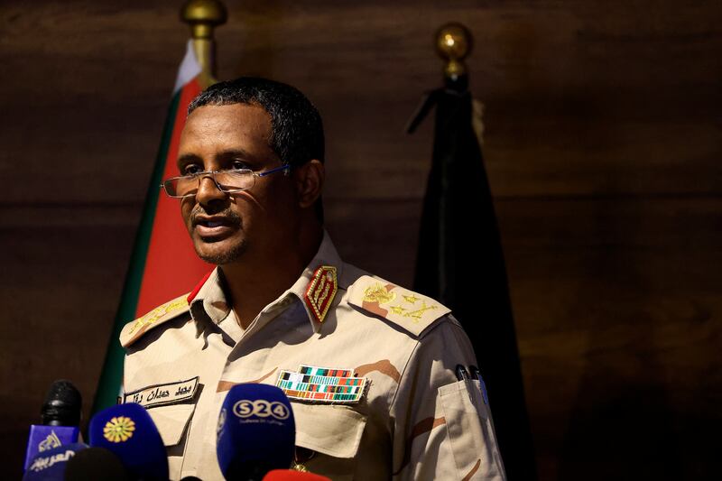 Gen Mohamed Dagalo, commander of the Rapid Support Forces, speaks in Khartoum, Sudan, on Sunday. Reuters.