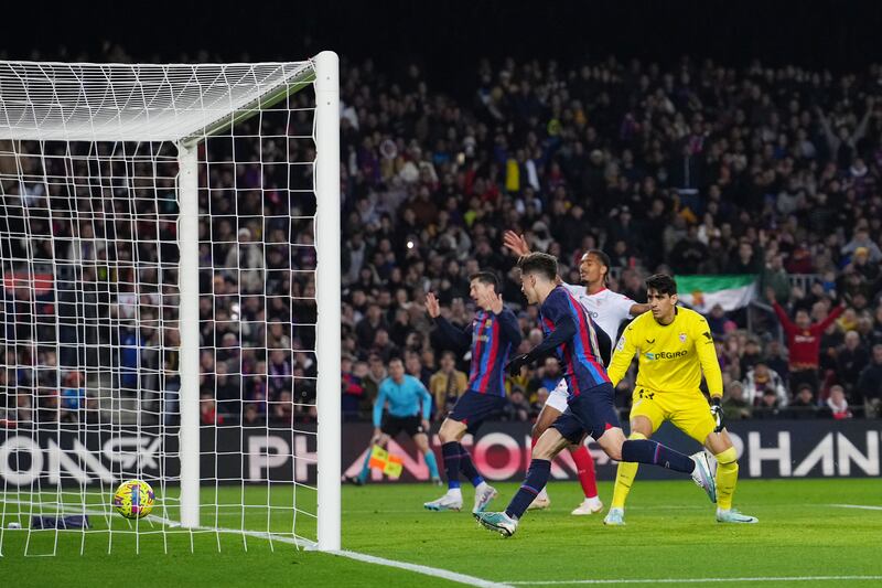 Gavi scores Barcelona's second goal against Sevilla. Getty