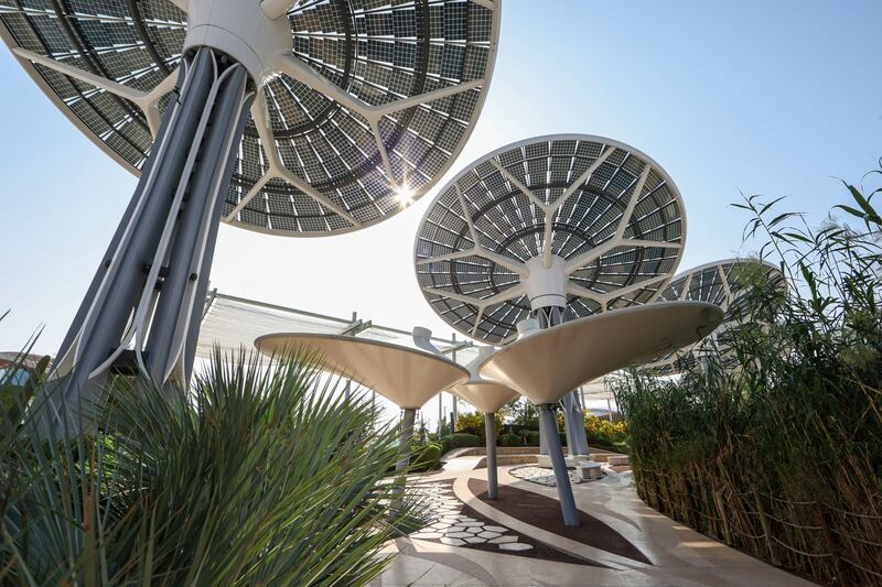Solar-powered e-trees in the Green Zone ahead of the Cop28 at Expo City in Dubai on Tuesday. Bloomberg