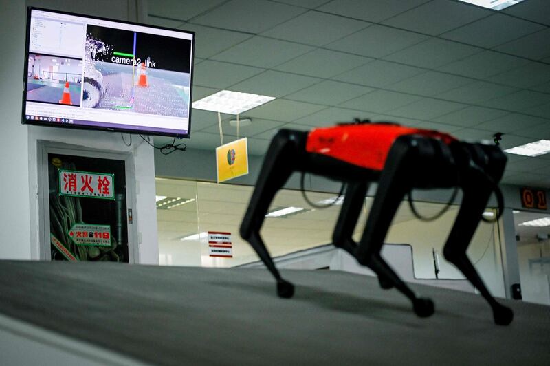 A screen displays a first-person view of an AlphaDog quadruped robot in a workshop at the Weilan Intelligent Technology Corporation in Nanjing. Wang Zhao / AFP