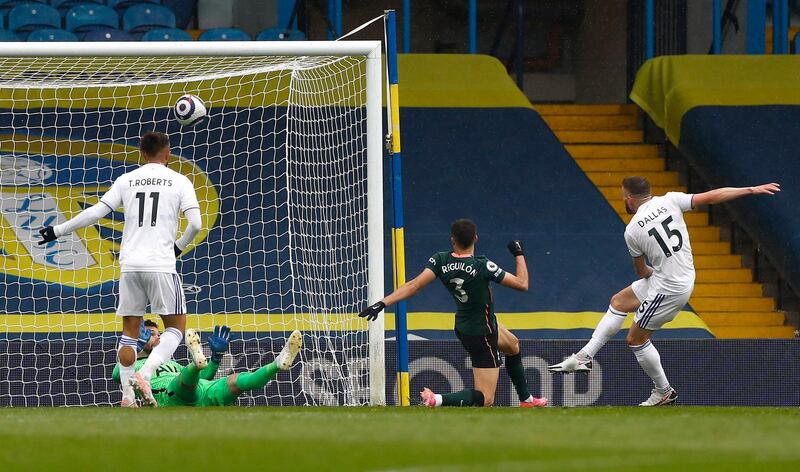 Stuart Dallas opens the scoring for Leeds at Elland Road. PA