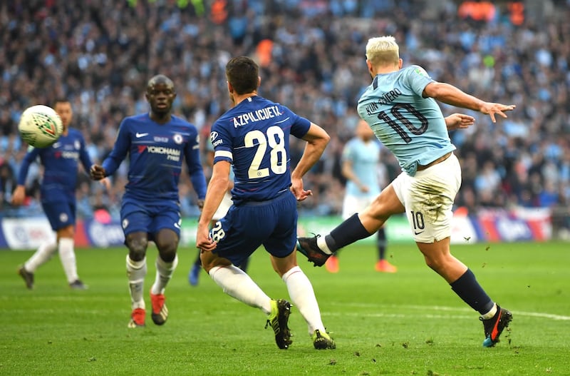 Aguero shoots during the Carabao Cup Final. Getty Images