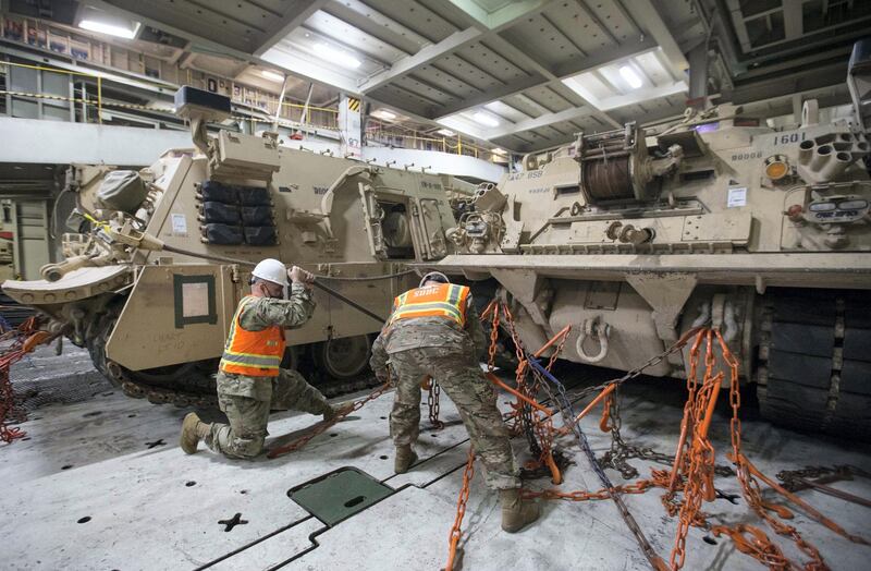 Duba, United Arab Emirates -  US military trucks and equipment arrived for the military exercise in Abu Dhabi at Jebel Al Port, Dubai.  Leslie Pableo for The National