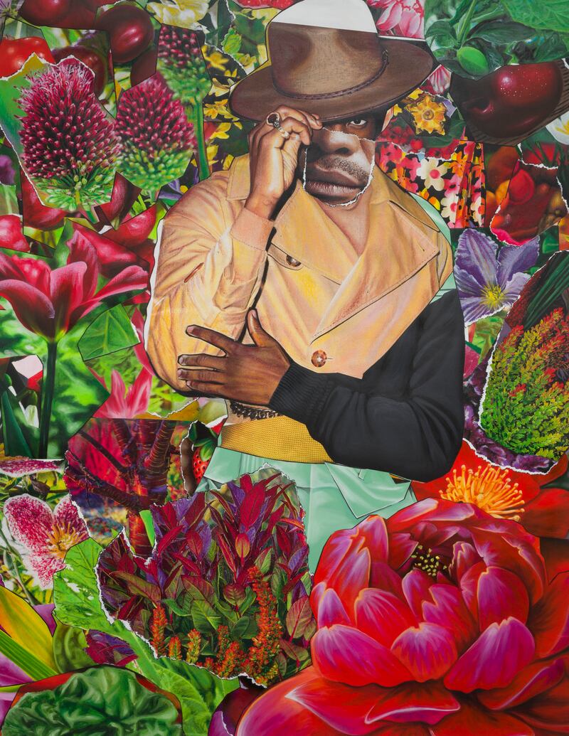Collages of brambles, flowers in bloom and vegetables are backdrops to people modelled with features seemingly ripped from advertisements and other media