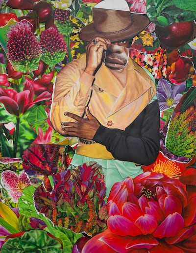 Collages of brambles, flowers in bloom and vegetables are backdrops to people modelled with features seemingly ripped from advertisements and other media. Photo: Lawrie Shabibi