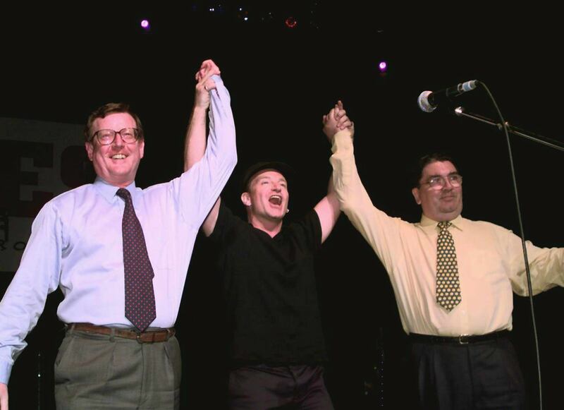 1998. Ulster Unionist leader David Trimble, left, and SDLP leader John Hume, standing with Irish rock band U2's lead singer Bono, were awarded 'for their efforts to find a peaceful solution to the conflict in Northern Ireland'. EPA