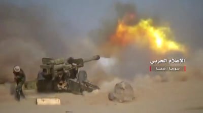 A Syrian heavy artillery unit shoots in Deraa province, Syria, in this still image from a video obtained on July 5, 2018. CENTRAL MILITARY MEDIA/via REUTERS   THIS IMAGE HAS BEEN SUPPLIED BY A THIRD PARTY. NO RESALES. NO ARCHIVES.