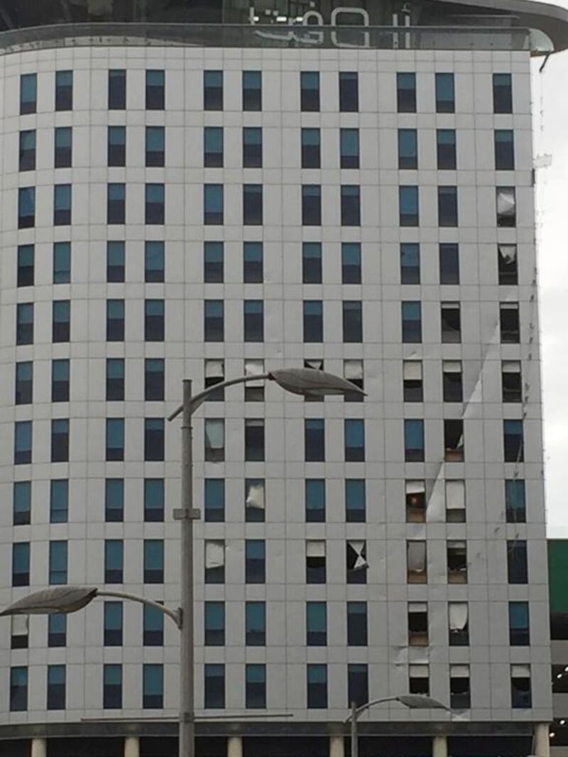 Windows at the Aloft hotel in Abu Dhabi are damaged during the rain storm. Ravindranath K / The National