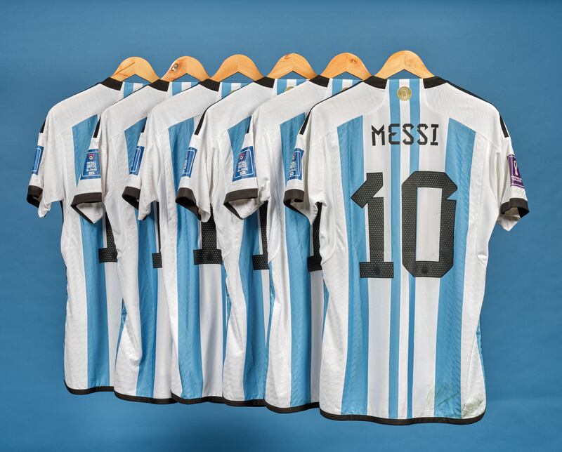 A collection of six match-worn Lionel Messi jerseys from the 2022 World Cup. Photo: Sotheby's