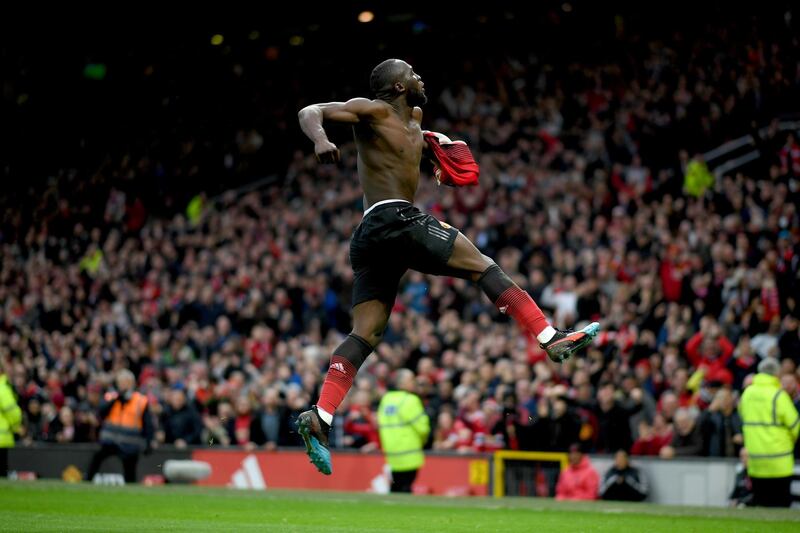 Romelu Lukaku of Manchester United celebrates after scoring his team's third goal. Getty Images
