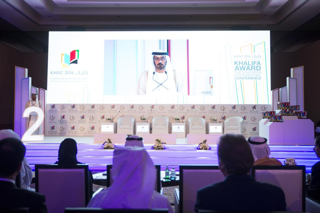 Hussain Al Hammadi, Minister of Education, speaks at the Khalifa Award for Education International Conference on Monday in Abu Dhabi. He called the merger of three top institutes a ‘strong leap for education and research in the UAE’. Christopher Pike / The National