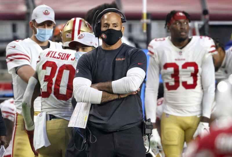 GLENDALE, ARIZONA - DECEMBER 26: Defensive coordinator Robert Saleh of the San Francisco 49ers looks on during the second half against the Arizona Cardinals at State Farm Stadium on December 26, 2020 in Glendale, Arizona.   Christian Petersen/Getty Images/AFP (Photo by Christian Petersen / GETTY IMAGES NORTH AMERICA / Getty Images via AFP)