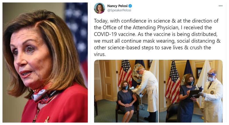 US House Speaker Nancy Pelosi received the vaccine at the same time as former Vice President Mike Pence. AFP, Twitter
