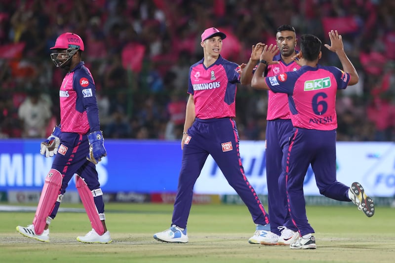 Rajasthan Royals' Ravichandran Ashwin, second right, celebrates with teammates after his dismissal of Lucknow Super Giants' Marcus Stoinis in the Indian Premier League in Jaipur on Sunday, March 24, 2024. Royals won the match by 20 runs. AP
