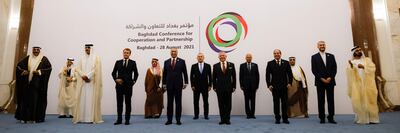 Leaders and senior officials from nations participating in the Baghdad Conference for Co-operation and Partnership, including Sheikh Mohammed bin Rashid, UAE Vice President and Ruler of Dubai, right, pose for group photo in the Iraqi capital. AFP