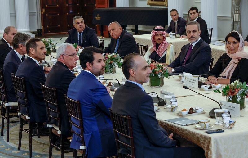 US Secretary of State Antony Blinken, second left, in discussions with Foreign Ministers from the Organisation for Islamic Co-operation and Arab League at the State Department in Washington. Reuters