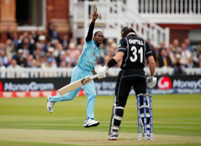 England's Jofra Archer appeals unsuccessfully for the wicket of New Zealand's Martin Guptill. Reuters