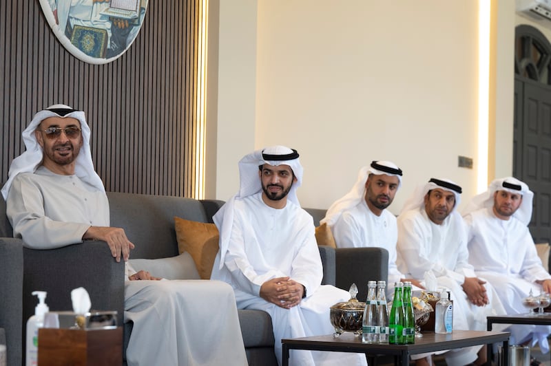 Sheikh Mohamed bin Zayed, Crown Prince of Abu Dhabi and Deputy Supreme Commander of the Armed Forces (L), visits the home of Dr Omar Habtoor Al Derei, Director General of the UAE Fatwa Council (2nd L). Seen with Sheikh Mohammed bin Hamad bin Tahnoon, adviser for Special Affairs at the Ministry of Presidential Affairs (3rd L) and other dignitaries. 