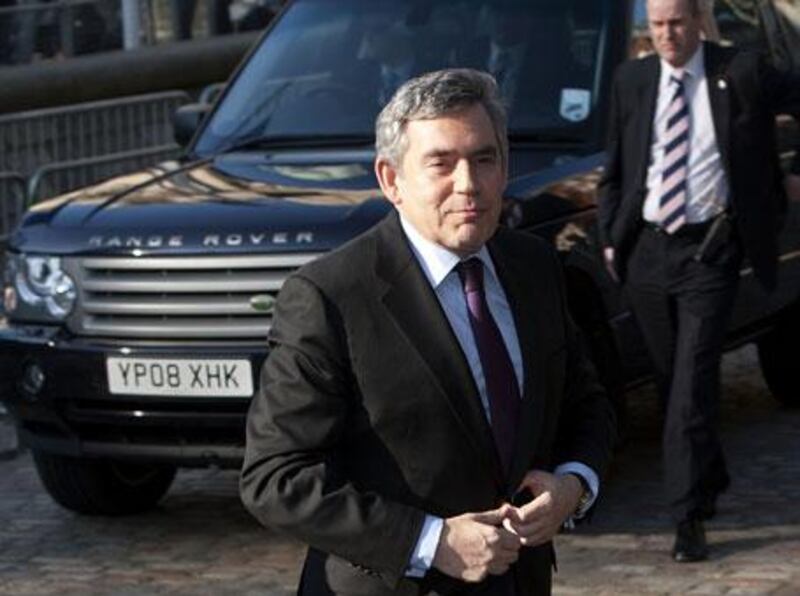 The British prime minister, Gordon Brown arrives at the Chilcott Inquiry into the Iraq War at the Queen Elizabeth II Conference Centre in central London on Friday, March 5, 2010.