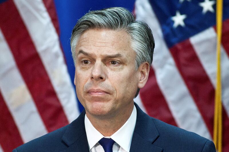FILE PHOTO: Republican presidential candidate and former Utah Governor Jon Huntsman speaks at the Myrtle Beach Convention Center in Myrtle Beach, South Carolina, U.S., January 16, 2012. REUTERS/Chris Keane/File Photo     TPX IMAGES OF THE DAY