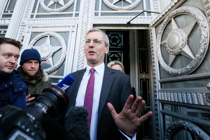 British Ambassador to Russia Laurie Bristow addresses the media while leaving the Russian Foreign Ministry in Moscow, Russia March 17, 2018. REUTERS/Gleb Garanich