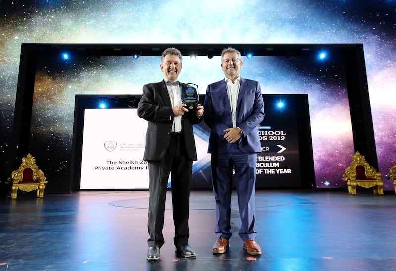 Dubai, United Arab Emirates - March 07, 2019: The Sheikh Zayed private academy school for boys wins Arabic blended curriculum school of the year at the Top School Awards 2019 at the Rajmahal Theatre, Dubai. Thursday the 7th of March 2019 at Bollywood Parks, Dubai. Chris Whiteoak / The National