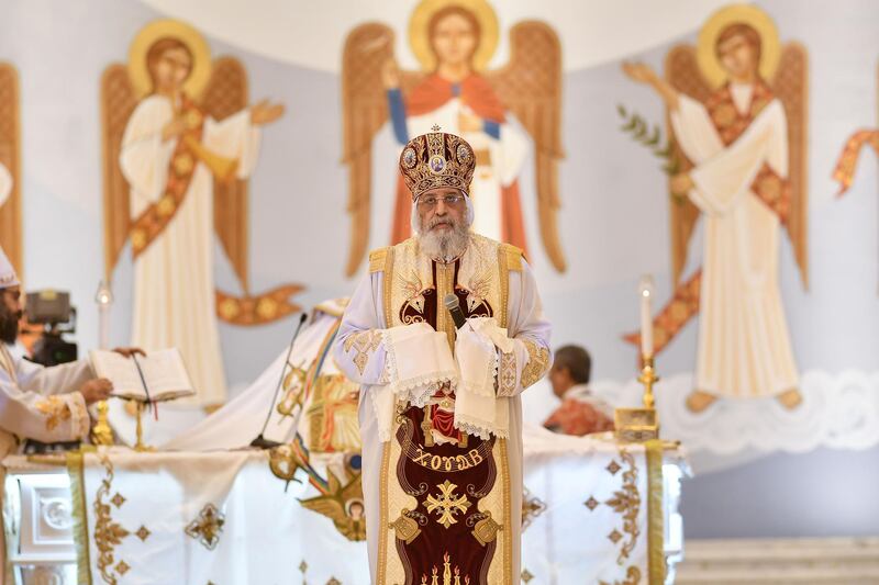 Coptic Orthodox Pope Tawadros II holds the Christmas Eve mass at the Nativity of Christ Cathedral in Egypt's administrative capital, 45 kms east of Cairo, on January 6, 2020. (Photo by STR and STR / AFP)