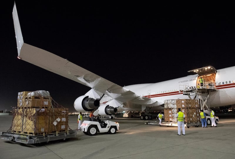 The Boeing 747 from the Dubai royal family's fleet is loaded with humanitarian aid supplies ahead of its flight to help the victims of flooding in Jordan. Courtesy Dubai Media Office