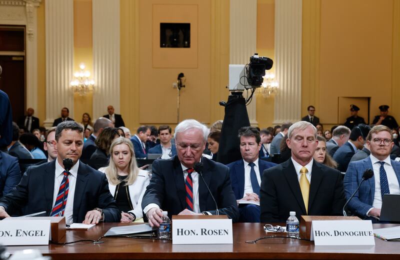 Former assistant US attorney general Steven Engel, former acting US attorney general Jeffrey Rosen and former acting US deputy attorney general Richard Donoghue attend the fifth public hearing of the US house select committee into the January 6 Attack on the US Capitol. EPA