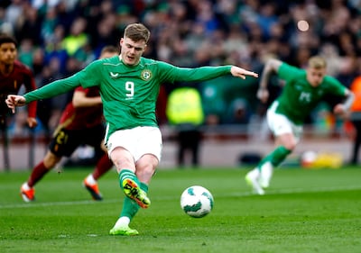 Evan Ferguson misses from the penalty spot during Ireland's freindly draw with Belgium at the Aviva Stadium in Dublin. Reuters