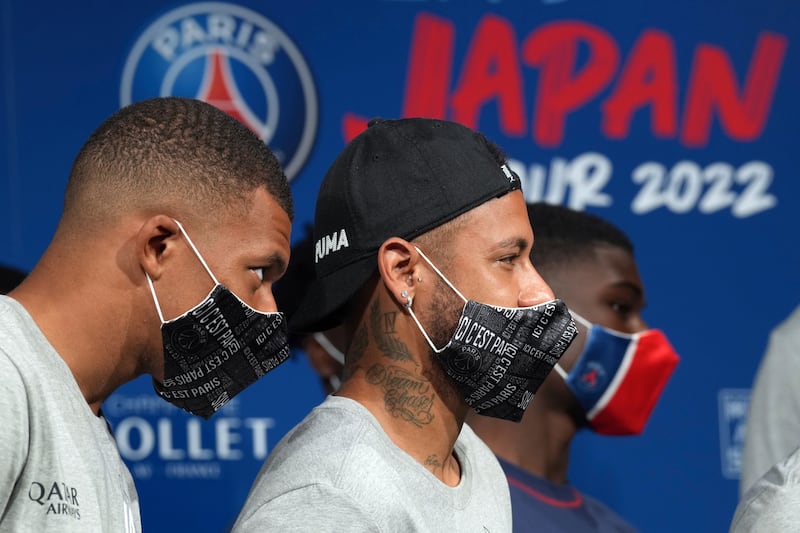 Paris Saint-Germain players Kylian Mbappe, left, and Neymar, participate in a PSG reception event in Japan. AP Photo 