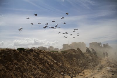 US Air Force drops humanitarian aid to Palestinians in Gaza city. AP 
