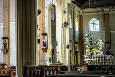 An investigator inspects the damaged interior of St Sebastian’s Church in Negombo, Sri Lanka, April 23, 2019. Jack Moore / The National.