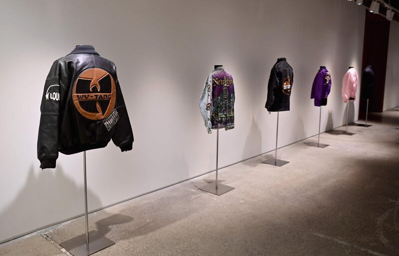 Jackets are displayed during a press preview at Sotheby's for their hip-hop auction. AFP