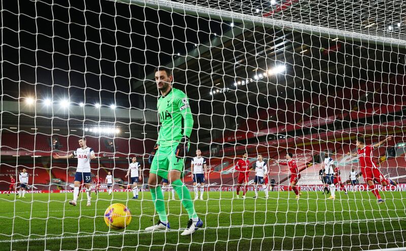 Tottenham goalkeeper Hugo Lloris reacts after conceding the first goal. Reuters