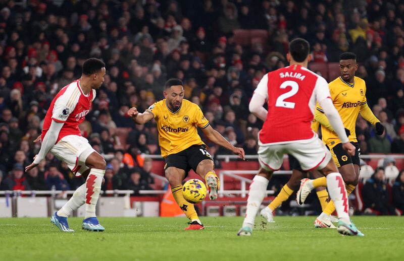 Matheus Cunha of Wolverhampton Wanderers scores their first goal against Arsenal. Getty Images
