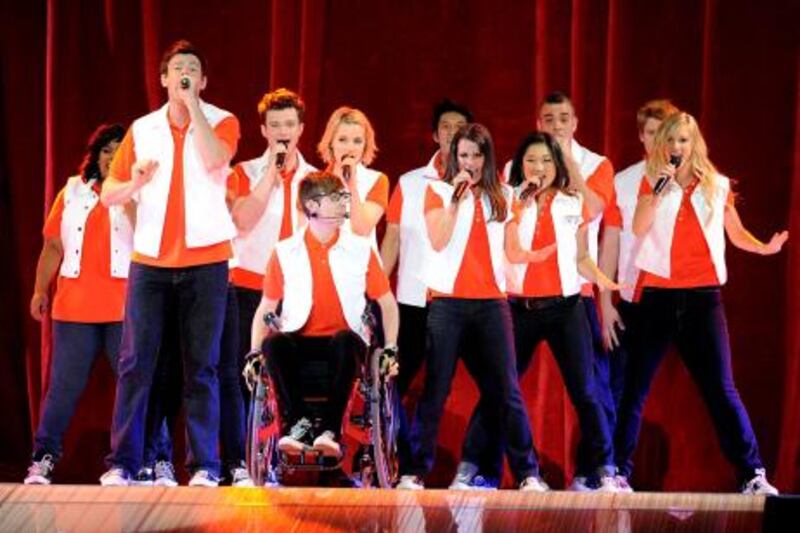 LOS ANGELES, CA - MAY 28: (L-R) Actors/singers Amber Riley, Cory Monteith, Chris Colfer, Kevin McHale, Dianna Agron, Harry Shum Jr., Lea Michele, Jenna Ushkowitz, Mark Salling, Chord Overstreet and Heather Morris perform at Glee Live! at the Staples Center on May 28, 2011 in Los Angeles, California.   Kevin Winter/Getty Images/AFP== FOR NEWSPAPERS, INTERNET, TELCOS & TELEVISION USE ONLY ==
 *** Local Caption ***  115099-01-09.jpg