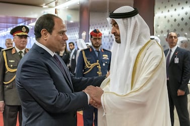 Sheikh Mohamed bin Zayed bids farewell to Abdel Fattah El Sisi after the Egyptian President's two-day visit to Abu Dhabi. Ministry of Presidential Affairs