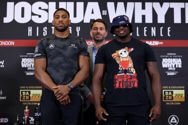 LONDON, ENGLAND - JULY 10: (L-R) Anthony Joshua, promoter Eddie Hearn and Dillian Whyte during the Anthony Joshua v Dillian Whyte 2 Press Conference at Hilton London Syon Park on July 10, 2023 in London, England. (Photo by Paul Harding / Getty Images)