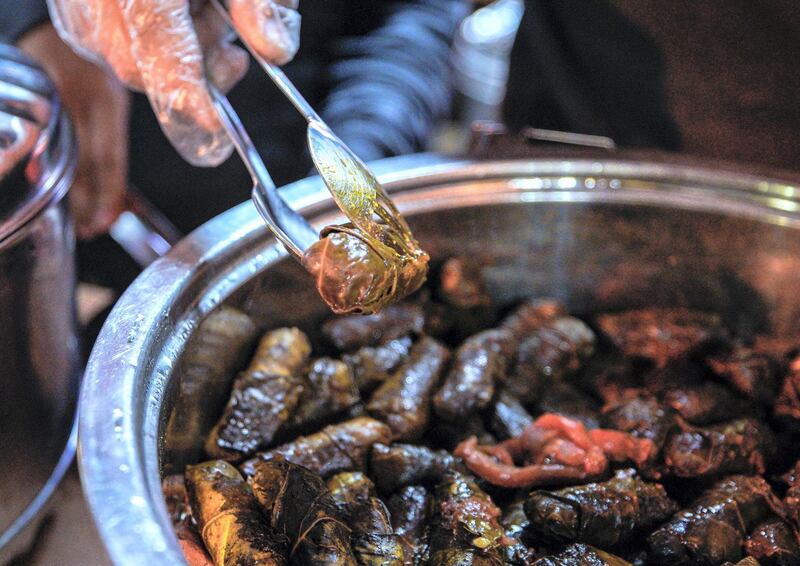 Abu Dhabi, United Arab Emirates, January 10, 2021.  Grape leaves from the Haris & Marquqa Store in the Arabic market at Sheikh Zayed Festival.
Victor Besa/The National
Section:  NA
Reporter:  Saeed Saeed