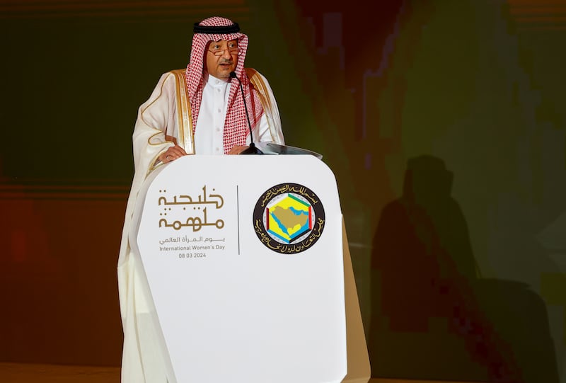 Saudi Deputy Minister of Foreign Affairs Waleed El Khereiji speaks during a gathering in Riyadh on International Women's Day to celebrate the achievements of women from Gulf countries.