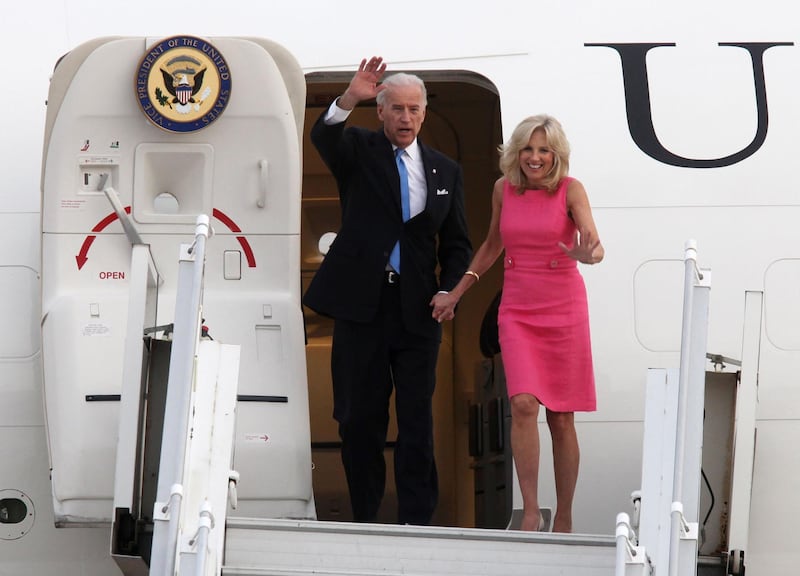AMMAN, JORDAN - MARCH 11: U.S. Vice President Joe Biden and his wife Jill Biden arrive at Amman Airport on March 11, 2010 in Amman, Jordan. Biden's currently on tour of the middle east which has so far seen him meeting with Palestinian President Mahmoud Abbas, Israeli Prime Minister Benjamin Netanyahu and Israeli President Shimon Peres. (Photo by Salah Malkawi/Getty Images)