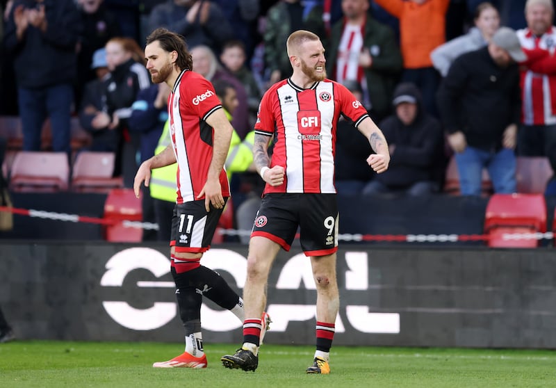 Oliver McBurnie of Sheffield United celebrates scoring his team's late equaliser against Chelsea. Getty Images