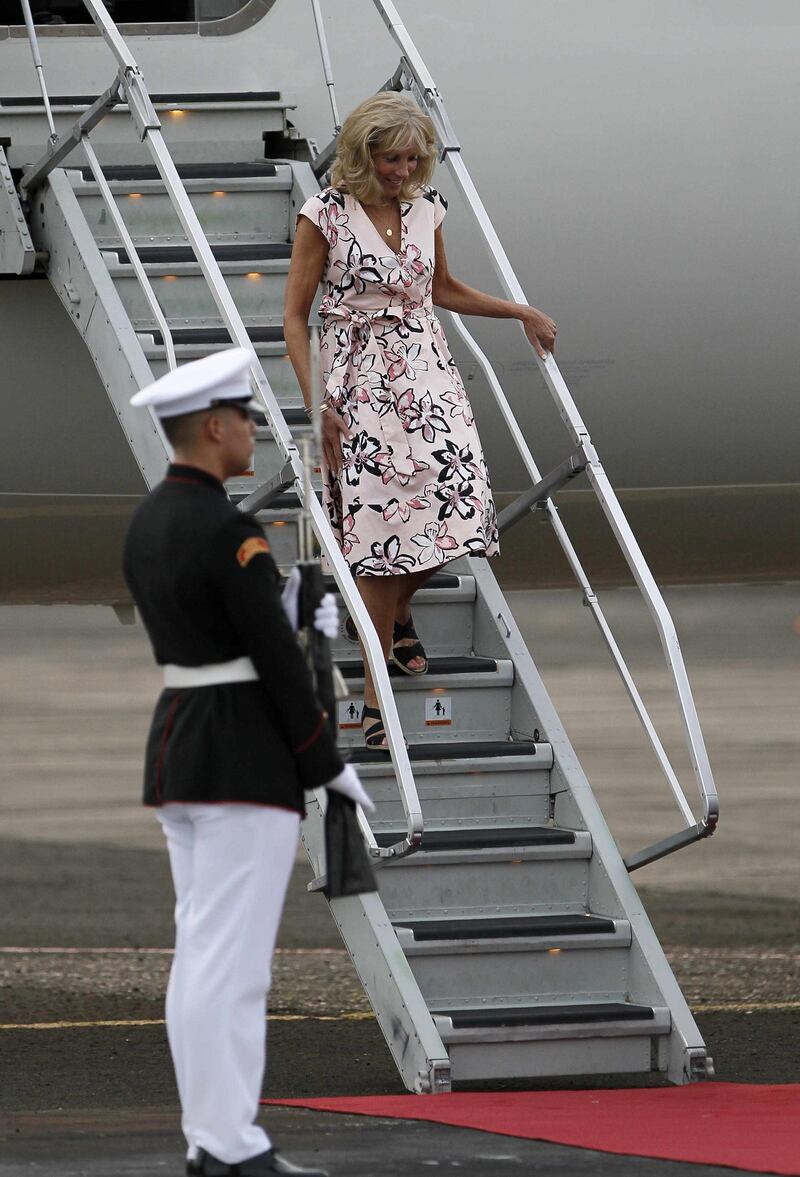 epa05391414 Second Lady of the United States, Jill Biden (R), disembarks at Panama Pacifico Airport in Panama City, Panama, 25 June 2016. Biden is to attend the opening ceremony of the the Panama Canal expansion project on 26 June.  EPA/JEFFREY ARGUEDAS