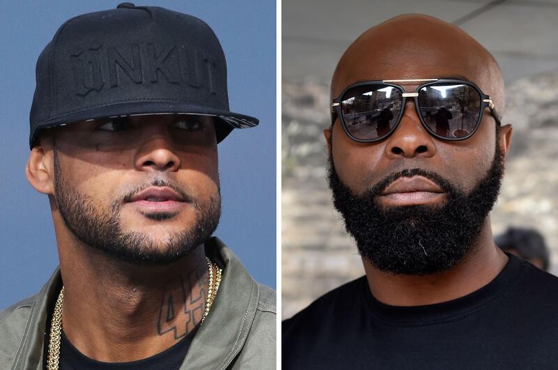 (COMBO) This combination of file pictures made on August 1, 2018, shows French rapper Booba (L) on May 19, 2014, in Cannes, southern France, and French rapper Kaaris (R) on March 25, 2015, in Paris.
French rappers Booba and Kaaris were arrested and remanded in custody by French border police, on August 1, 2018 at the Orly airport, outside Paris, after a fight that also involved members of their entourage, which caused flight delays and the temporary closure of the hall 1 of the airport according to the police. / AFP PHOTO / Dominique FAGET