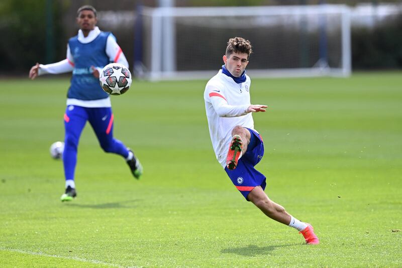 COBHAM, ENGLAND - APRIL 06:  Christian Pulisic of Chelsea during a training session at Chelsea Training Ground on April 6, 2021 in Cobham, England. (Photo by Darren Walsh/Chelsea FC via Getty Images)