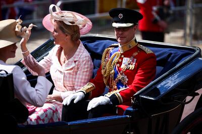 Prince Edward, Earl of Wessex, and Sophie, Countess of Wessex, ride in a carriage during the parade in celebration of Queen Elizabeth II's platinum jubilee on Thursday. Reuters