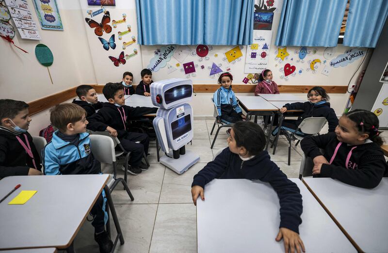 The robo-teaching assistant helps out in Gaza City.