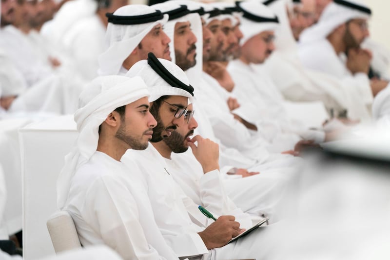 ABU DHABI, UNITED ARAB EMIRATES - May 20, 2019: HH Sheikh Shakboot bin Nahyan bin Mubarak Al Nahyan, UAE Ambassador to Saudi Arabia (2nd L), takes notes during a lecture by James Mattis, Former US Secretary of Defense (not shown), titled: 'The Value of the UAE - US Strategic Relationship', at Majlis Mohamed bin Zayed.

( Eissa Al Hammadi for the Ministry of Presidential Affairs )
---