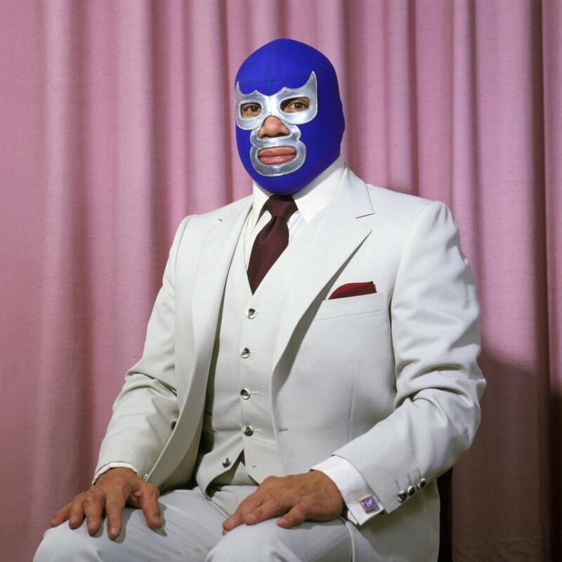 Blue Sentado, from the series Lucha Libre (professional wrestling in Mexico), taken by Lourdes Grobet (Mexican, born 1940) around 2005. Courtesy Lourdes Grobet